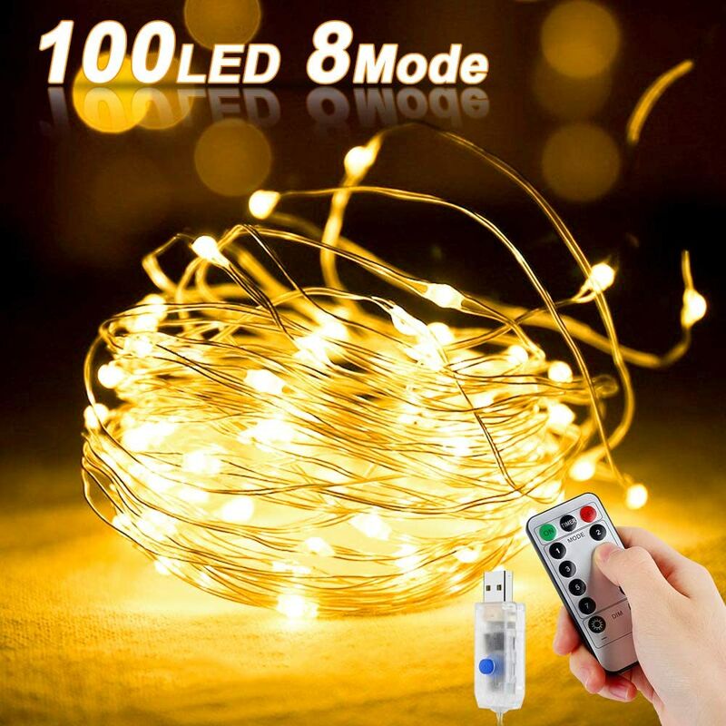 

Cadena de luces LED de alambre de cobre, 100 luces LED con conexión USB de 10 m con control remoto, 8 programas de luces LED para fiestas, Navidad,