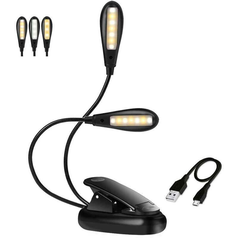 Clip-on Reading Light 14 LEDs 3 Colors 9 Modes Adjustable Brightness, Clip Lamp Portable and Flexible Wireless USB Rechargeable Nightlight for Work