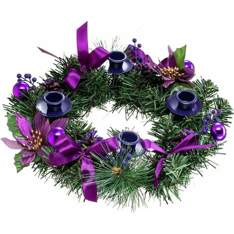 LangRay Coronas y guirnaldas Corona de Adviento Ramas de pino artificial Conos de pino Corona de cinta con portavelas Decoración de centro de mesa para Halloween Acción de Gracias Navidad (morado)