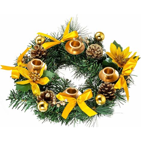 LangRay Coronas y guirnaldas Corona de Adviento Ramas de pino artificial Conos de pino Corona de cinta con portavelas Decoración de centro de mesa para Halloween Acción de gracias Navidad (Oro)