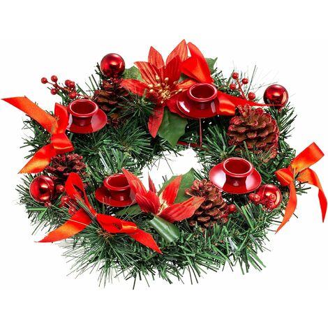 LangRay Coronas y guirnaldas Corona de Adviento Ramas de pino artificial Conos de pino Corona de cinta con portavelas Decoración de centro de mesa para Halloween Acción de Gracias Navidad (Rojo)