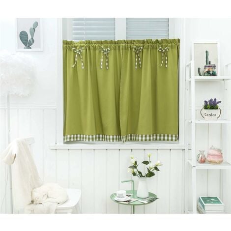 LangRay Curtains Small Short Windows Country Style Vintage Blackout Shutters Short Curtains Short Curtain Modern Kitchen Curtain Checkered Set of 2 Living Room (Green 130 * 41cm)