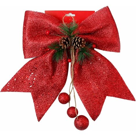 LangRay Fiocchi Decorativi con Paillettes per Albero di Natale, Fiocchi con Paillettes Natalizi, Set Fiocco Rosso, Fiocco Natalizio con Decorazione Pigna