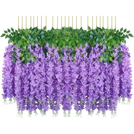 LangRay Fleurs artificielles, 24 pièces artificielles faux glycine vigne suspendus fleurs en soie décor de fête de mariage à la maison (24 pièces, 110 cm / chaque brin, violet)