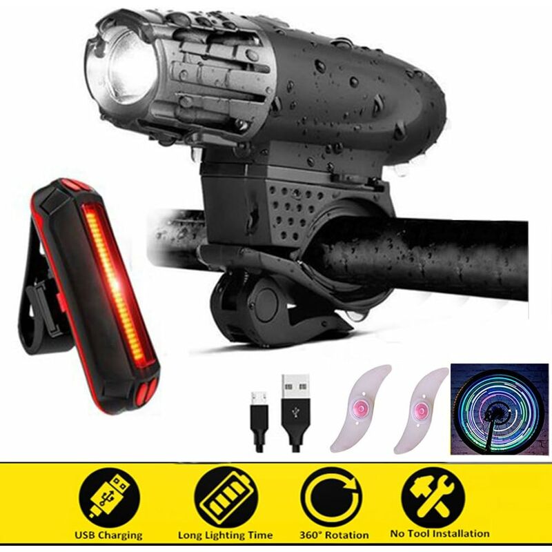 Front and Rear Bike Light, Rechargeable Waterproof led Bike Light with usb Cable, 4 Adjustable Modes + 2 Free Wheel Lights - Langray
