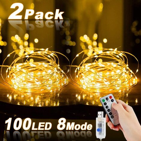 LangRay Guirlande lumineuse à LED, 2 pièces 10M 100LED USB fil de guirlande étanche avec interrupteur, guirlande lumineuse d'ambiance en fil de cuivre pour chambres, intérieur, Noël, extérieur, fête,