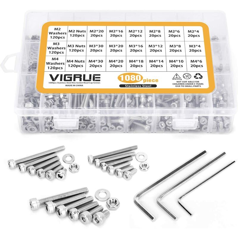 

Kit 1080PCS M2 M3 M4 Acero inoxidable Botón hexagonal Cabeza de enchufe Pernos de cable Tornillos con surtido de tuercas