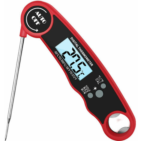 LangRay Küchenthermometer, sofort ablesbares Kochthermometer, Fleischthermometer, mit hintergrundbeleuchtetem LCD-Display, faltbare Sonde zum Kochen, Fleisch, BBQ, Steak, Öl, Milch, Wein (Rot)