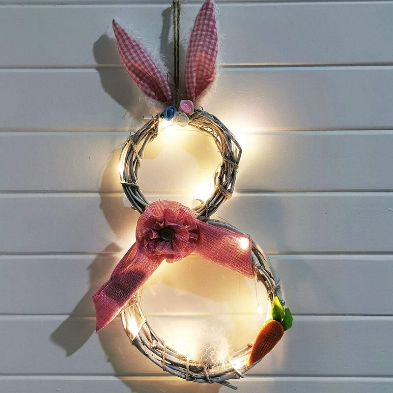 

LED 48 x 25 cm, guirnalda de Pascua con guirnalda de luces, guirnalda de conejito de Pascua con lazo de arpillera, decoración de Pascua, guirnalda de