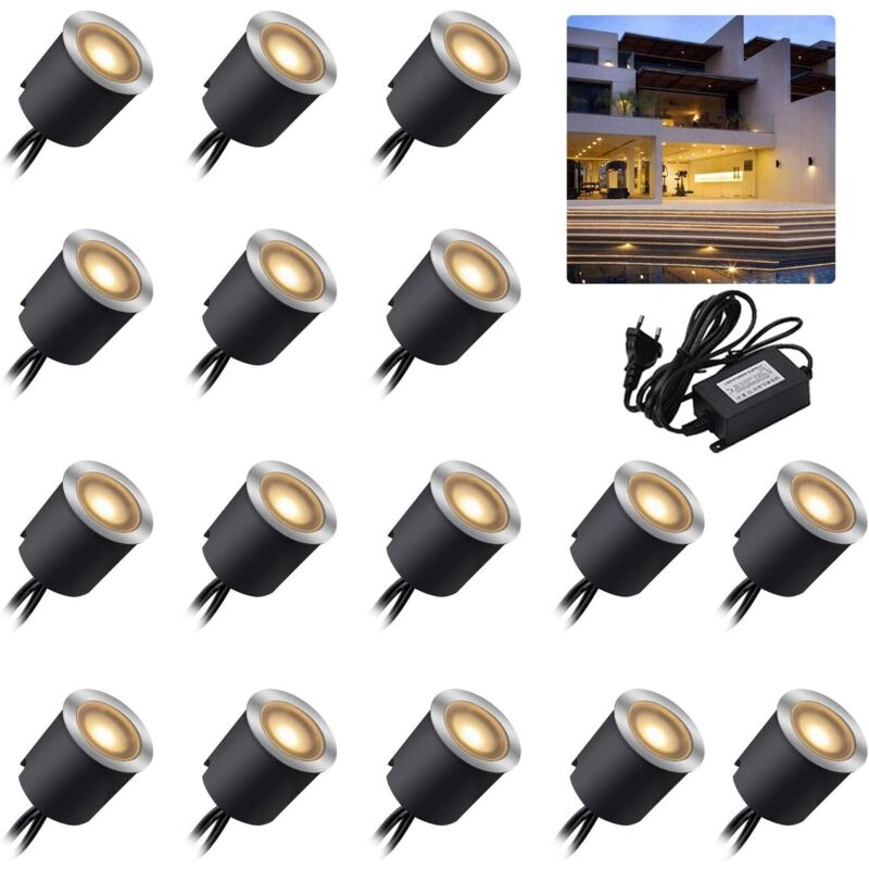Lot de 16 spots led encastrables - 12 v - Blanc chaud - IP67 - Étanche - 0,6 w - Diamètre : 32 mm - Pour l'intérieur et l'extérieur - 2800 k - Blanc