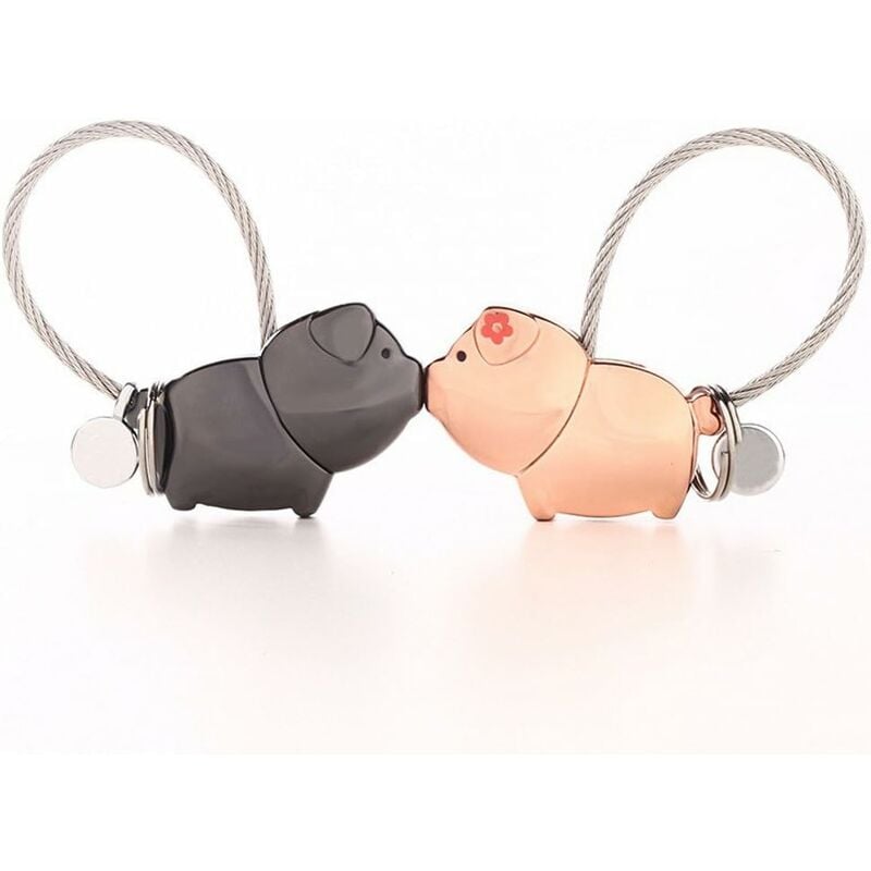Lovers Keychain 1 Pair of Pig Shaped Key Ring with Magnetic Nose, Gift for Young Girlfriend, Shiny Zinc Alloy Black and Rose Gold - Langray