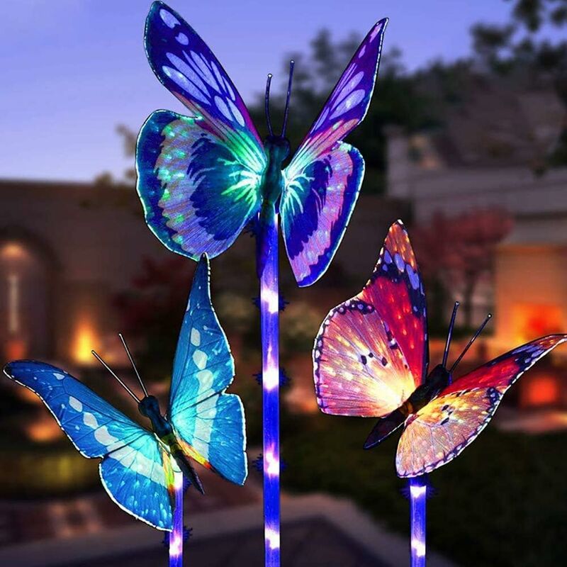 

Luces de jardín solares decorativas para exteriores, paquete de 3 luces de jardín con energía solar con mariposa, luces LED multicolores que cambian