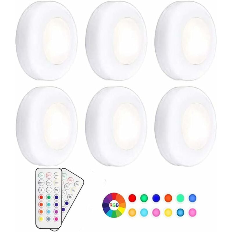 

Luz para armario / armario, luz nocturna LED inalámbrica RGB de 13 colores, regulable con control remoto a pilas, paquete de 6 [Clase energética A +]