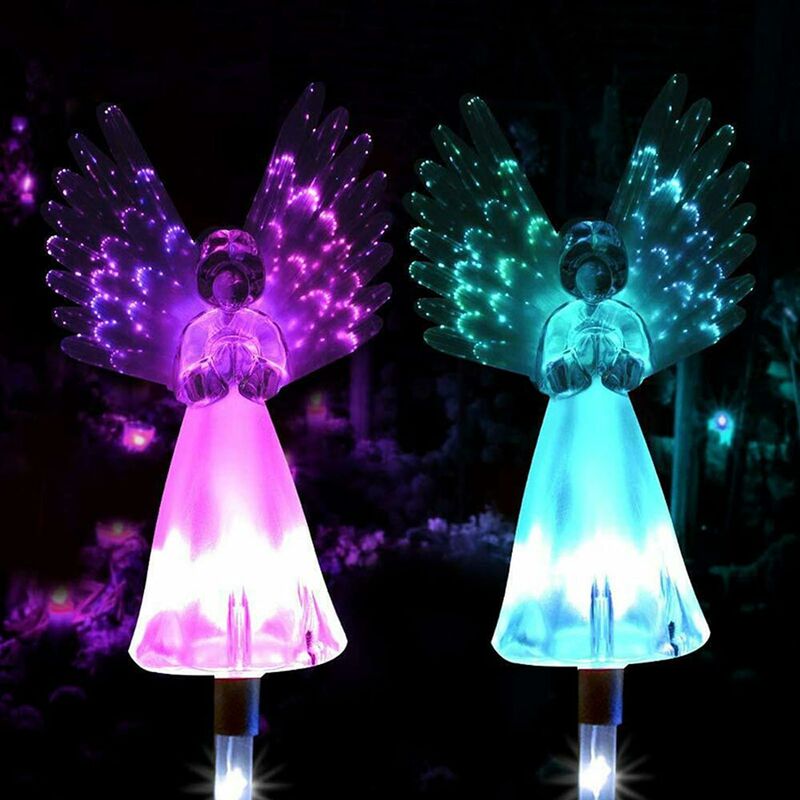 

Luz solar de ángel, paquete de 2 luces de estaca de camino de ángel al aire libre, coloridas lámparas de alas iluminadas, adornos de jardín,