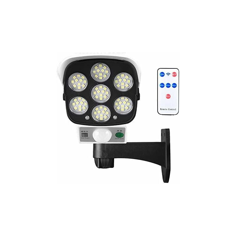 

Luz solar para exteriores con sensor de movimiento inalámbrico y cámara de seguridad ficticia IP66 Lámpara de pared de 77 puntos LED a prueba de agua