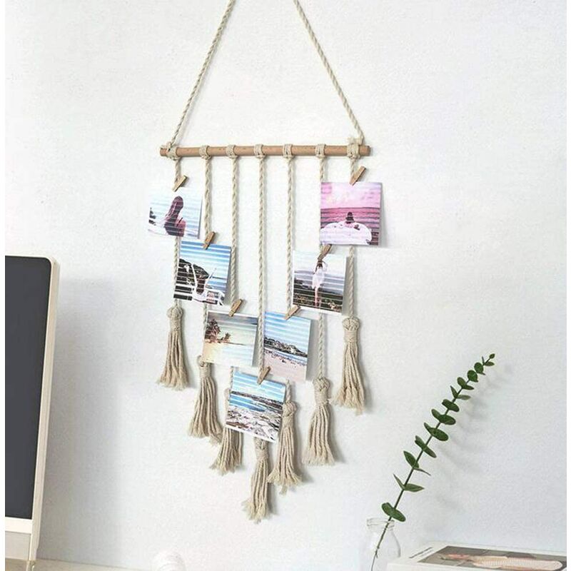 

Organizador de fotos para colgar, hecho a mano con borlas de macramé, organizador de imágenes para colgar, decoración del hogar boho, bricolaje con