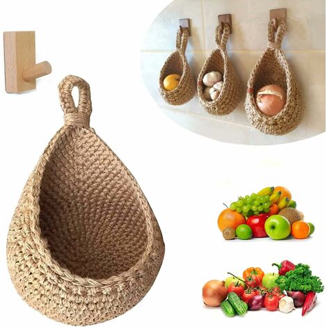 LangRay Paniers De Fruits Et Légumes Suspendus Au Mur, Corbeille De Fruits Ou De Légumes Tissée à La Main en Forme De Goutte d'eau De Jute, Panier De Rangement Suspendu De Cuisine (Hauteur 20 CM, larg