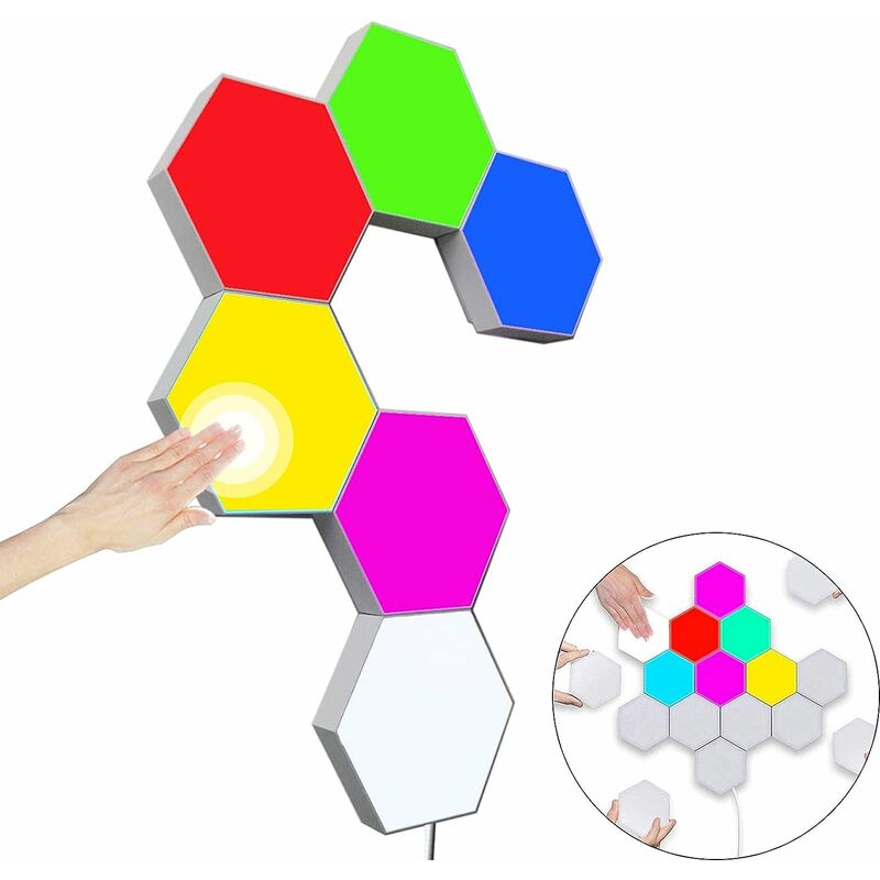 

Paquete de 6 apliques de pared hexagonales multicolores Smart Touch Modular RGB LED Luz nocturna DIY Geometry Splitter Quantum para dormitorio, sala