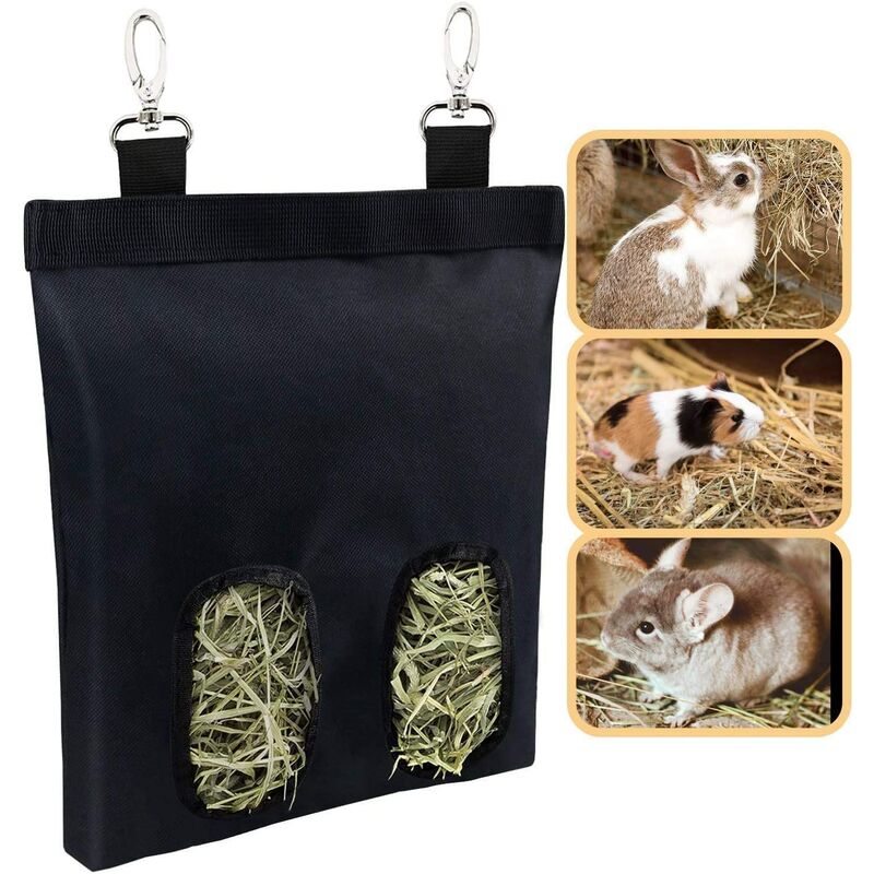 

Saco de heno colgante, alimentadores de herbívoros de tela Oxford de alta calidad, bolsa de almacenamiento esencial para animales pequeños (negro)