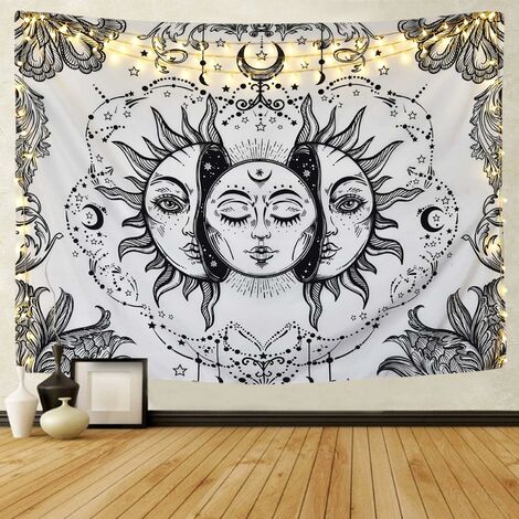 LangRay Tenture murale Tarot - Motif soleil psychédélique et lune - Mandala - Noir et blanc - Tapisserie murale pour chambre à coucher - Décor (blanc, L / 148 x 200 cm)