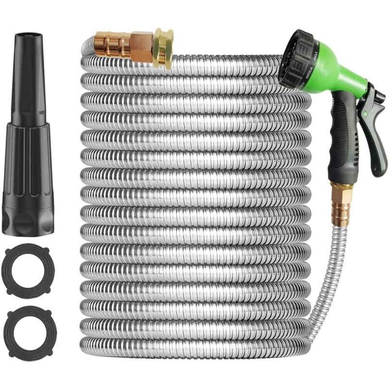 Tuyau D'eau En Métal De 15 m – Tuyau D'eau En Acier Inoxydable Avec 2 Buses, Léger, Anti-Nœuds Et Anti-Nœuds, Très Résistant, Haute Pression,