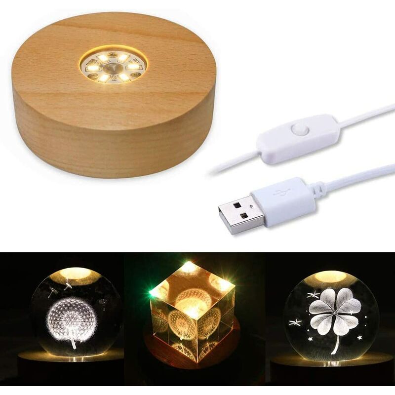Wooden LED Light Base, Round USB Powered Desktop Display Baseplate for Crystal Ball, Jewelry, Glass, Resin, Acrylic Vase (Warm Light) - Langray
