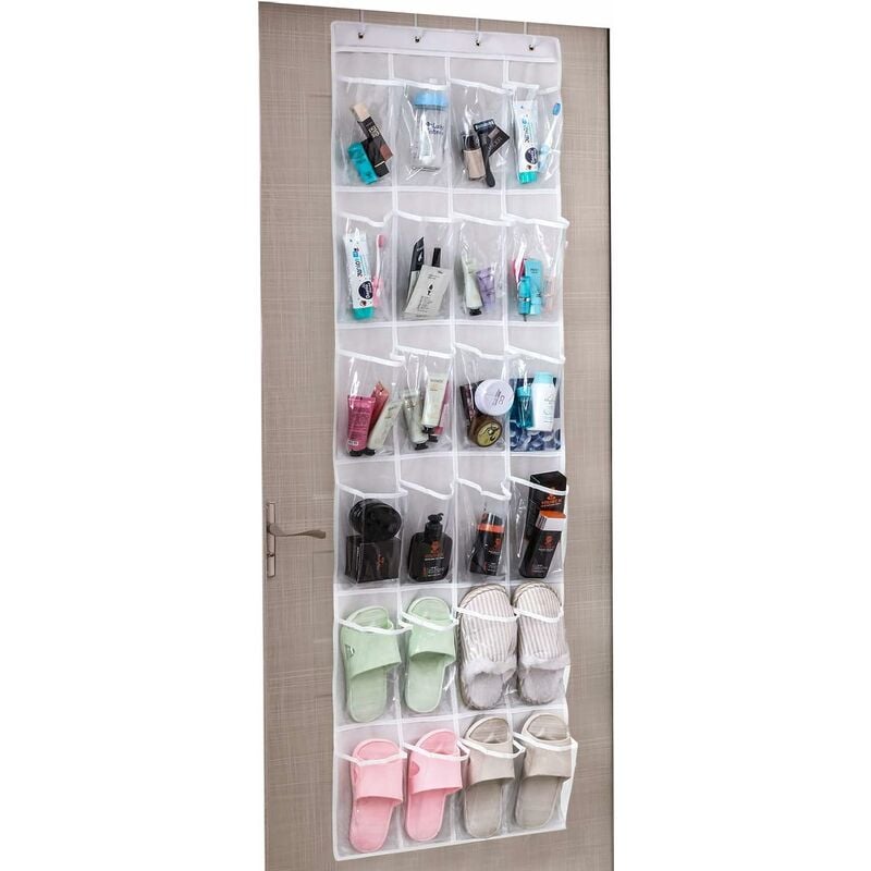 

Zapatero que ahorra espacio, organizador de zapatos sobre la puerta, organizador de zapatos colgante, 24 compartimentos, con 4 ganchos, 48,3 W x