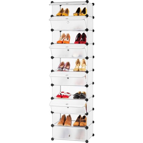 Langria 10 Cube Diy Shoe Rack Tower Versatile Cube Storage Combination Cupboard Freestanding Organiser Cabinet With Doors Translucent White 204685001