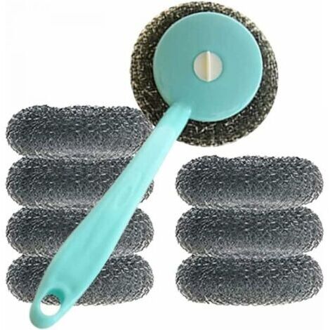 Langstieliges Küchenreiniger-Set mit 1 blauer Topfputzbürste und 8 einzelnen Stahlwollbällen