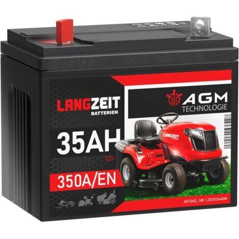 LANGZEIT Batterie pour Tracteur Tondeuse 12V 35Ah AGM – Format U1L (bornes inversées), sans Entretien, Forte Puissance de démarrage, idéale pour Tondeuse autoportée