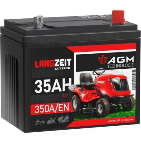 LANGZEIT Batterie pour Tracteur Tondeuse 12V 35Ah AGM – Format U1R (bornes inversées), sans Entretien, Forte Puissance de démarrage, idéale pour Tondeuse autoportée