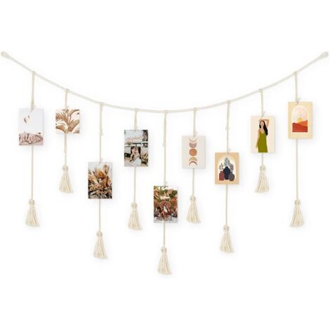Lanière photo à faire soi-même, lanière photo à pompons de style bohème, livrée avec 30 pinces en bois et 2 clous sans trace, lanière photo à pompons en coton.