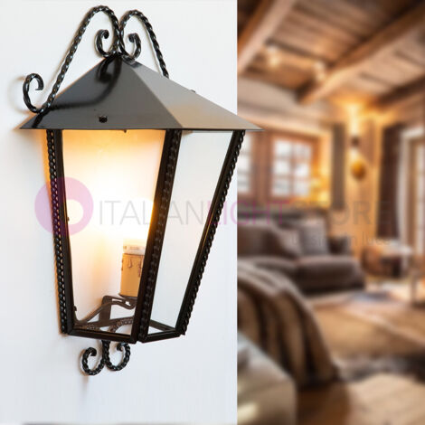 LANTERNA A MURO MEZZA LANTERNA HEIDI IN FERRO BATTUTO LAMPADE APPLIQUE CM. 44X51