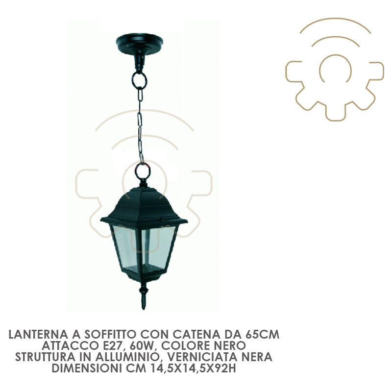 Image of Lanterna a soffitto co catena da 65cm E27 60W cm14,5x14,5x92h struttura in alluminio nero esterno