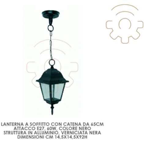 Lanterna a soffitto co catena da 65cm E27 60W cm14,5x14,5x92h struttura in alluminio nero esterno