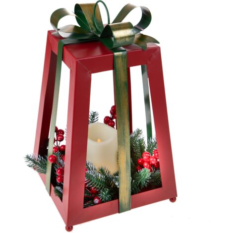 Lanterna con candela e fiocco in metallo e plastica per decorazioni natalizie -H - 36 cm