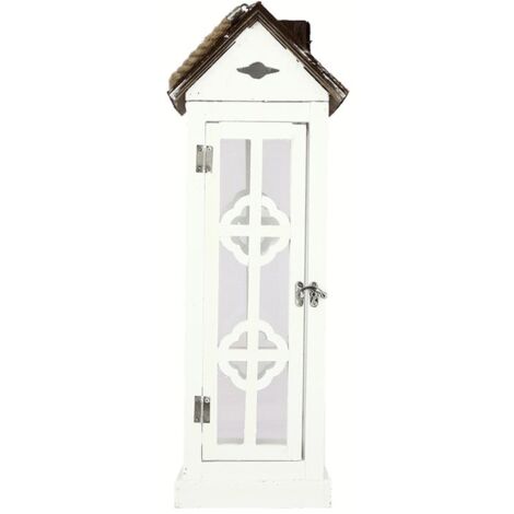 LANTERNA DA ARREDO IN LEGNO BIANCO CON TETTO MARRONE 17 X 17 X H52 CM