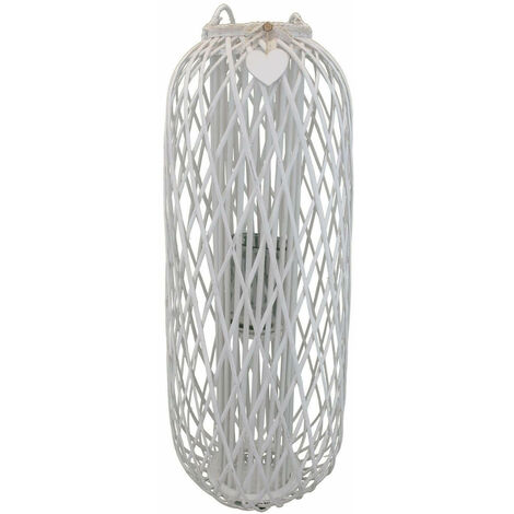 Lanterna da esterno in vimini e portacandela in vetro con nastrino in pizzo con ciondolo a cuore Vimini Selection -  White