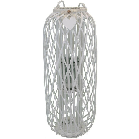 Lanterna da esterno in vimini e portacandela in vetro con nastrino in pizzo Vimini Selection -  White