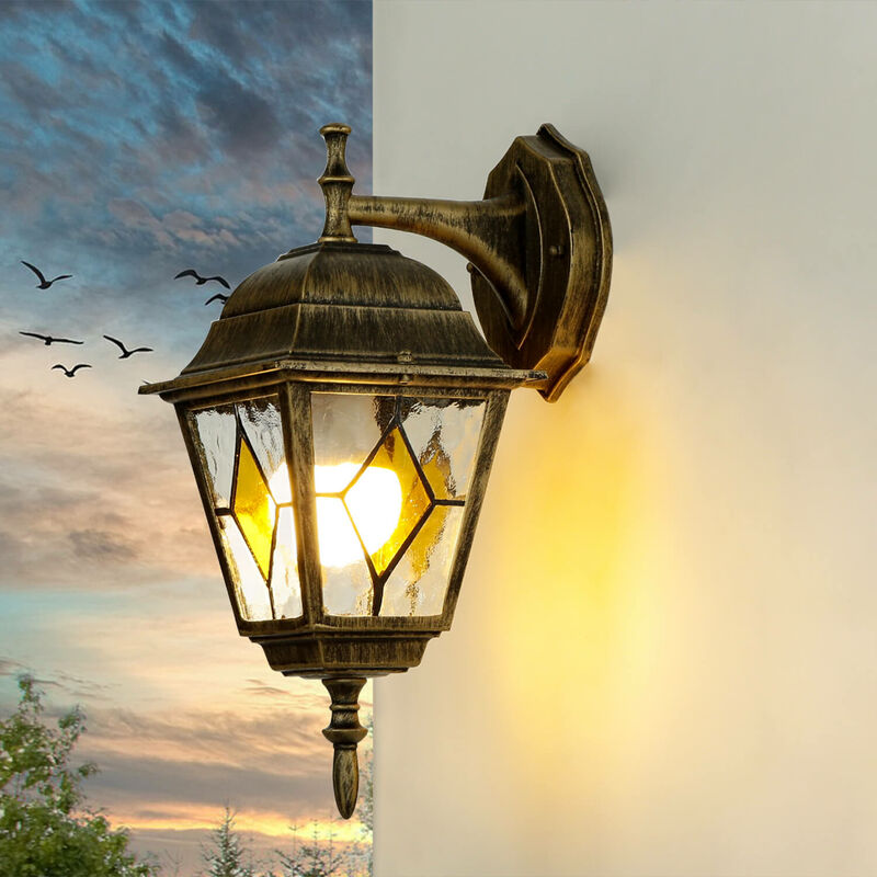 Image of Lampada da parete per esterni con braccio Lanterna stile retrò in vetro colorato resistente alle intemperie per giardino - Oro antico