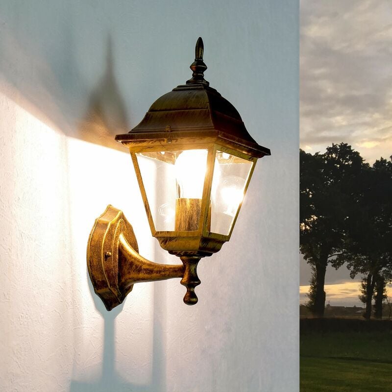 Image of Lanterna da parete per esterni E27 design retrò in stile rustico IP44 Applique a muro per giardino - Oro antico