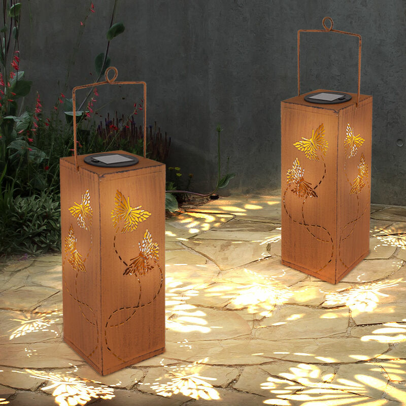 Image of Lanterna decorativa da giardino a luce solare ruggine lampada da esterno lampada da esterno, punzonatura decorativa a farfalla, metallo, led, LxH