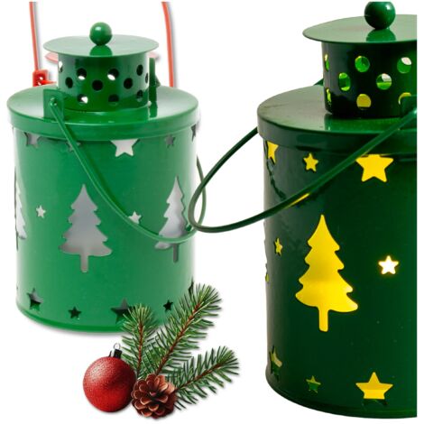 Lanterna dell'Avvento verde per la vigilia di Natale dei bambini con alberi di Natale e stelle ritagliati - lanterna LED a batteria 12,5 cm