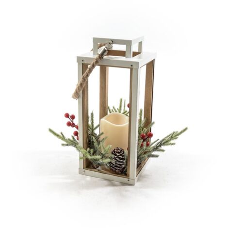 Lanterna in metallo con decorazione rami e bacche, candela con luci a LED -17 x 17 x h 39 cm