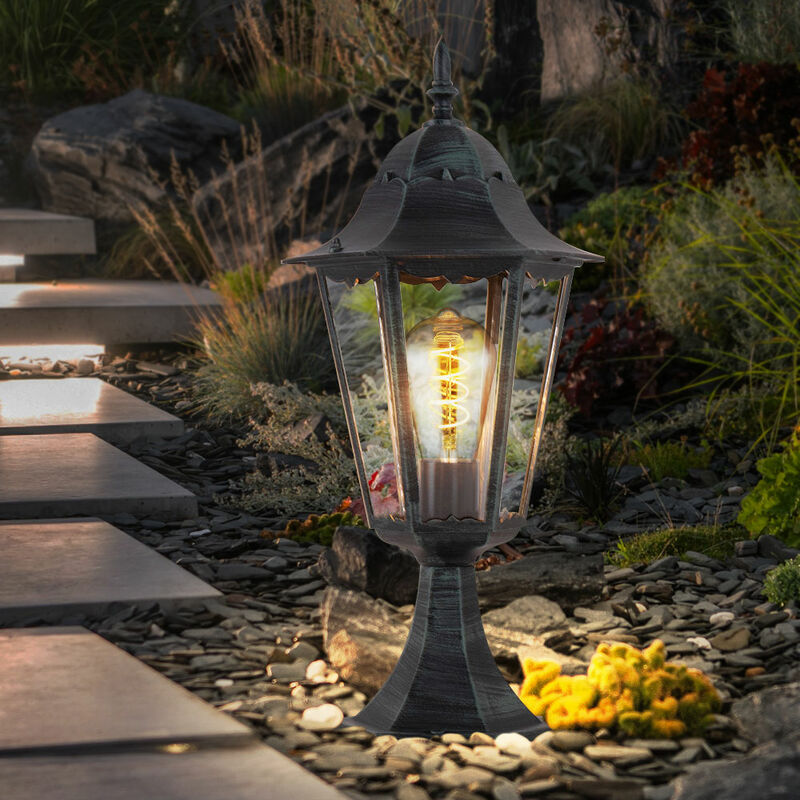 Image of Lanterna luminosa a piedistallo nera lampada da terra per esterni lampada da terra antica lampada da giardino per esterni, alluminio verde nero, 1x