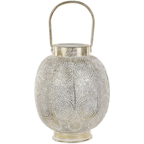 Lanterna Metallo e Vetro Dorato con Portacandele Orientale Traforato 30 cm Lantau