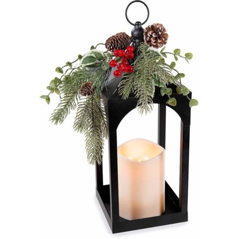 Lanterna natalizia in metallo nero con candela LED e decoro pino innevato 43 cm