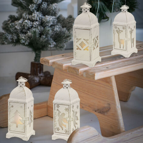 Lanterna piccola a batteria, lanterna natalizia, lampada natalizia per interni, lanterna natalizia in bianco shabby chic, 1 stella, 1 abete, 1 renna, 1 angelo, 1 LED, LxA 7 x 19, set da 4