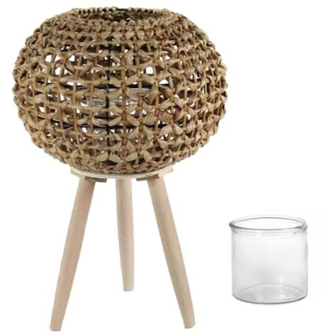 LANTERNA PORTACANDELA NATURALE TONDA STRUTTURA IN METALLO CON INTRECCIO IN BAMBÙ E BICCHIERE IN VETRO 26X34 CM OKX
