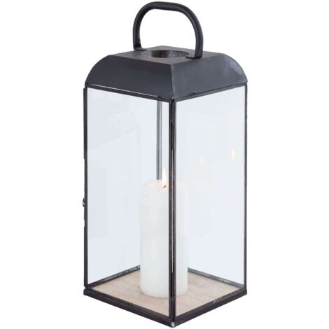 Lanterna rettangolare in acciaio e vetro con base in legno Modern Line - Piccola